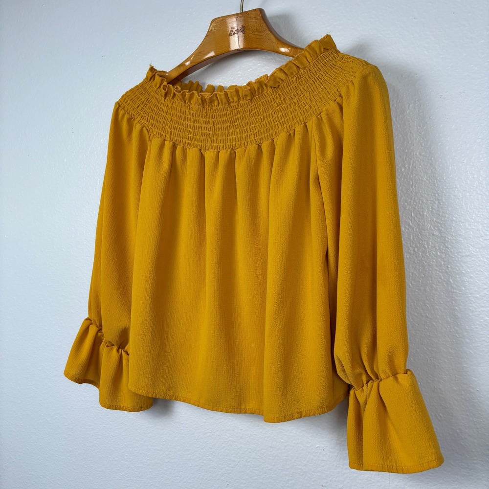 Andthewhy Off The Shoulder Smocked Bell Sleeve‎ Blouse Small Mustard Yellow - Picture 2 of 10